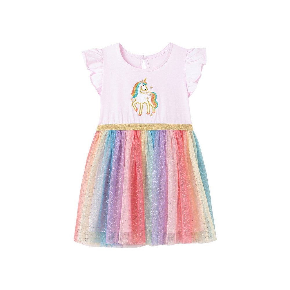 Animals Pattern Fly-sleeved Pink Dress with Colorful Tulle for Stylish Girls