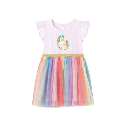 Animals Pattern Fly-sleeved Pink Dress with Colorful Tulle for Stylish Girls