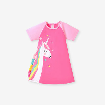 Pure Cotton Unicorn Pattern Short Sleeves Dress for Stylish Girls