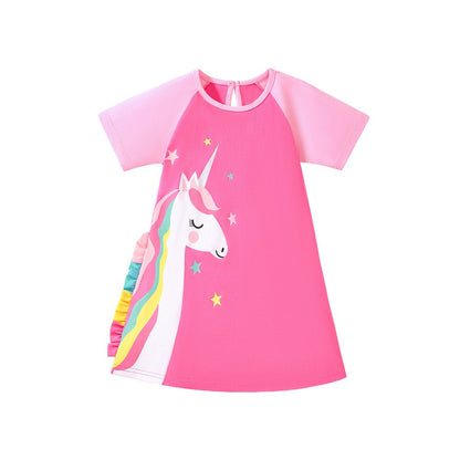 Pure Cotton Unicorn Pattern Short Sleeves Dress for Stylish Girls
