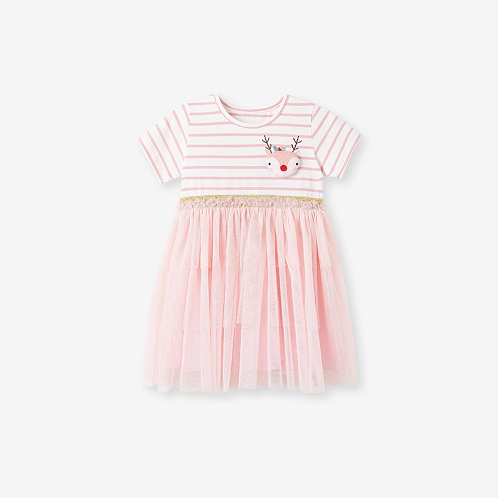 Animals Pattern Short-sleeved Pink Dress with Tulle for Stylish Girls