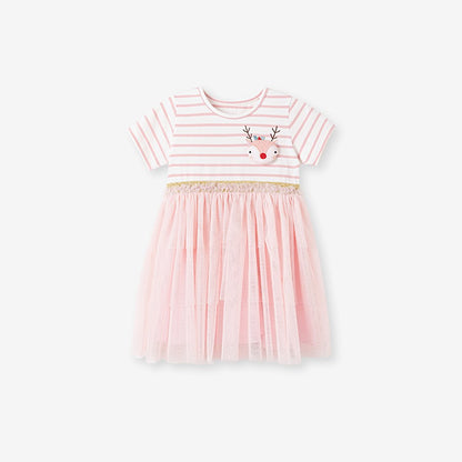 Animals Pattern Short-sleeved Pink Dress with Tulle for Stylish Girls
