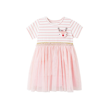 Animals Pattern Short-sleeved Pink Dress with Tulle for Stylish Girls