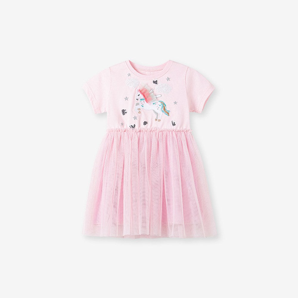 Cartoon Unicorn and Stars Pattern Short-sleeved Pink Dress with Tulle for Stylish Girls