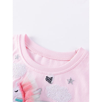Cartoon Unicorn and Stars Pattern Short-sleeved Pink Dress with Tulle for Stylish Girls