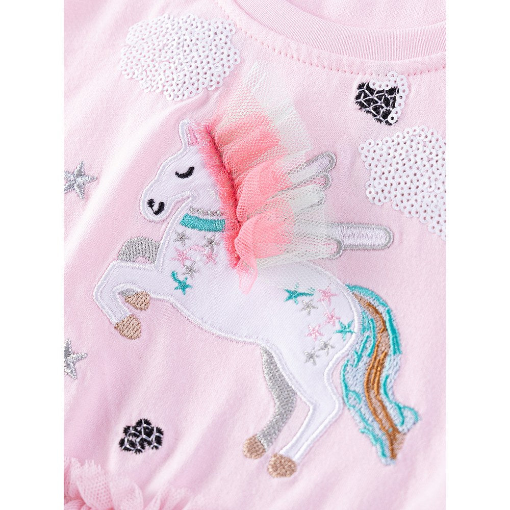 Cartoon Unicorn and Stars Pattern Short-sleeved Pink Dress with Tulle for Stylish Girls