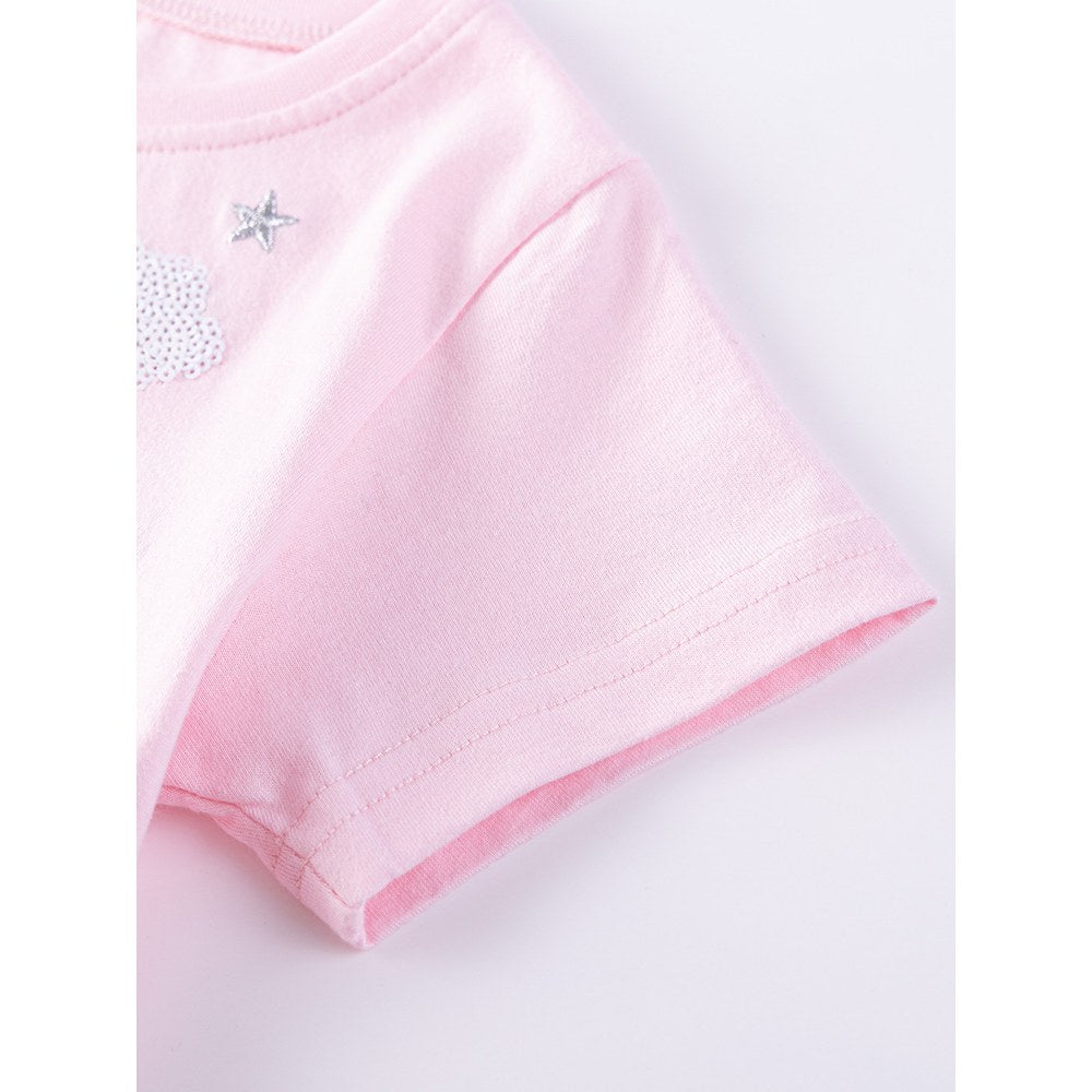 Cartoon Unicorn and Stars Pattern Short-sleeved Pink Dress with Tulle for Stylish Girls
