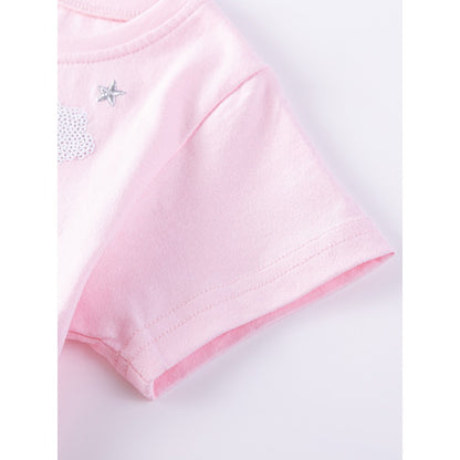 Cartoon Unicorn and Stars Pattern Short-sleeved Pink Dress with Tulle for Stylish Girls