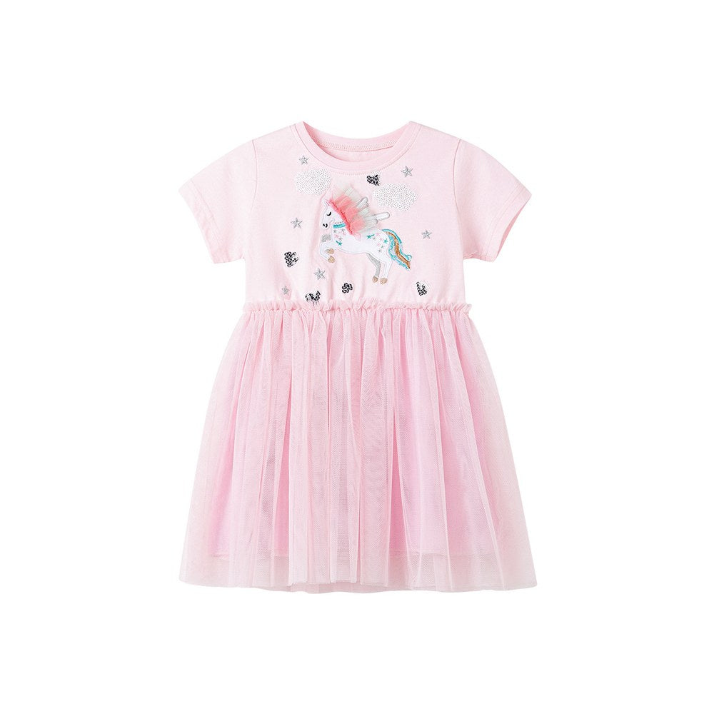 Cartoon Unicorn and Stars Pattern Short-sleeved Pink Dress with Tulle for Stylish Girls
