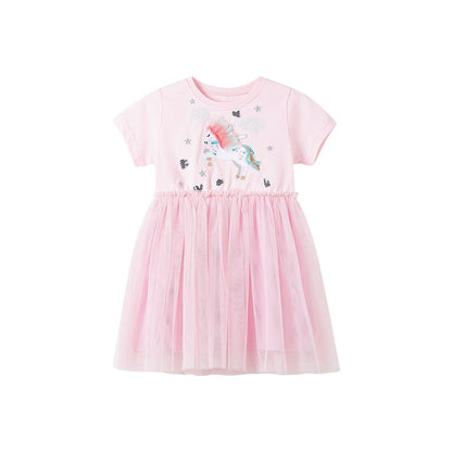 Cartoon Unicorn and Stars Pattern Short-sleeved Pink Dress with Tulle for Stylish Girls