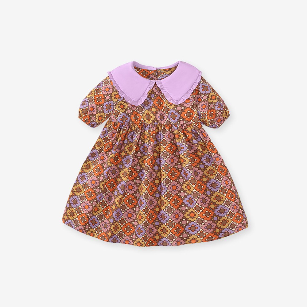 Flowers Pattern Short-sleeved Dress with Peter Pan Collar for Stylish Girls