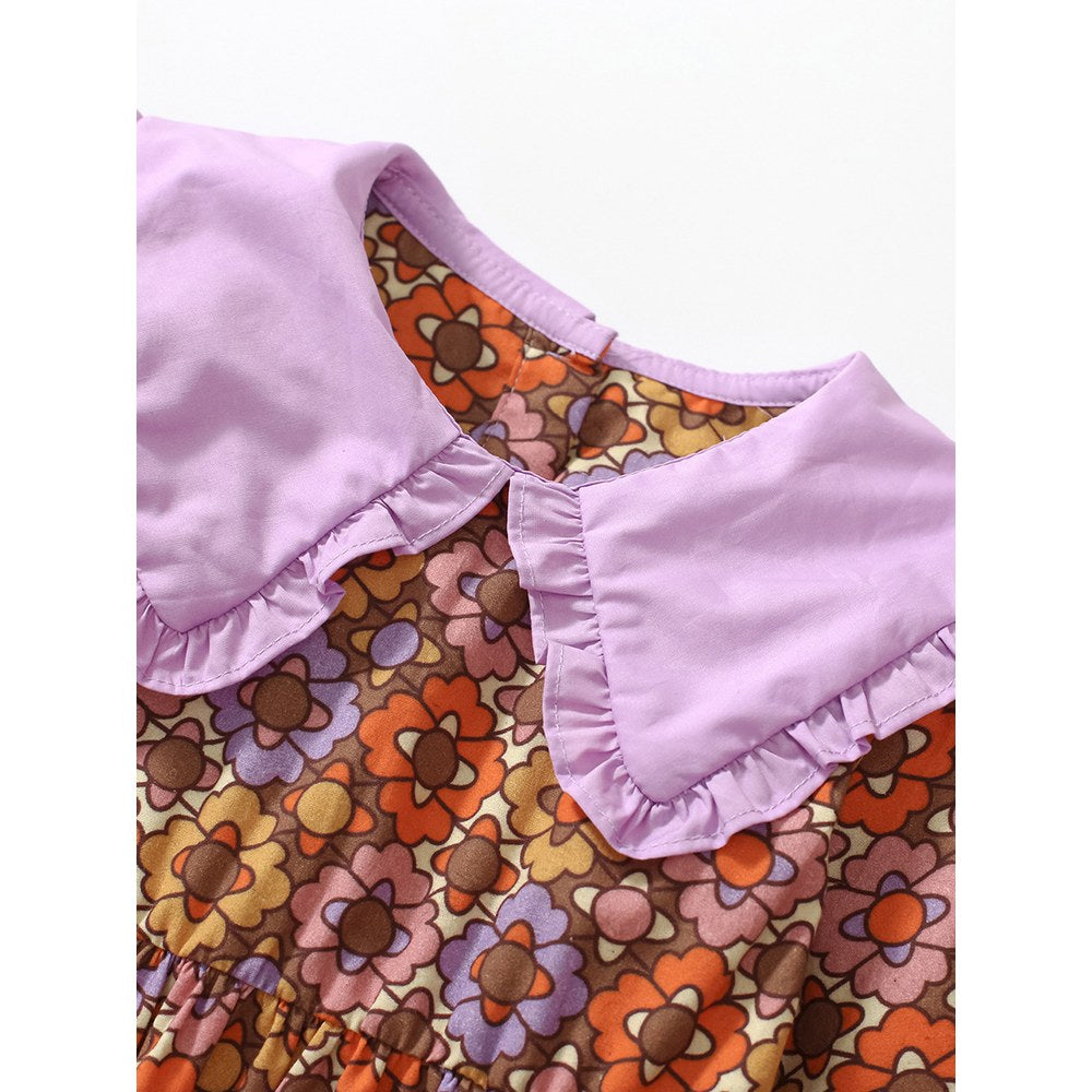 Flowers Pattern Short-sleeved Dress with Peter Pan Collar for Stylish Girls