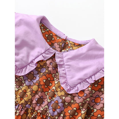 Flowers Pattern Short-sleeved Dress with Peter Pan Collar for Stylish Girls