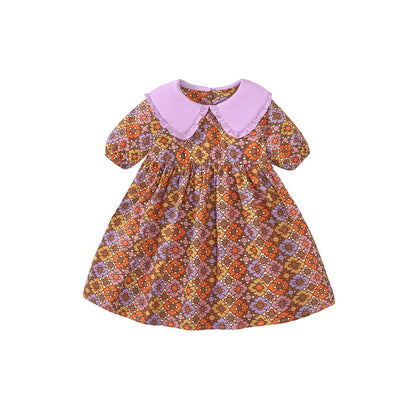 Flowers Pattern Short-sleeved Dress with Peter Pan Collar for Stylish Girls