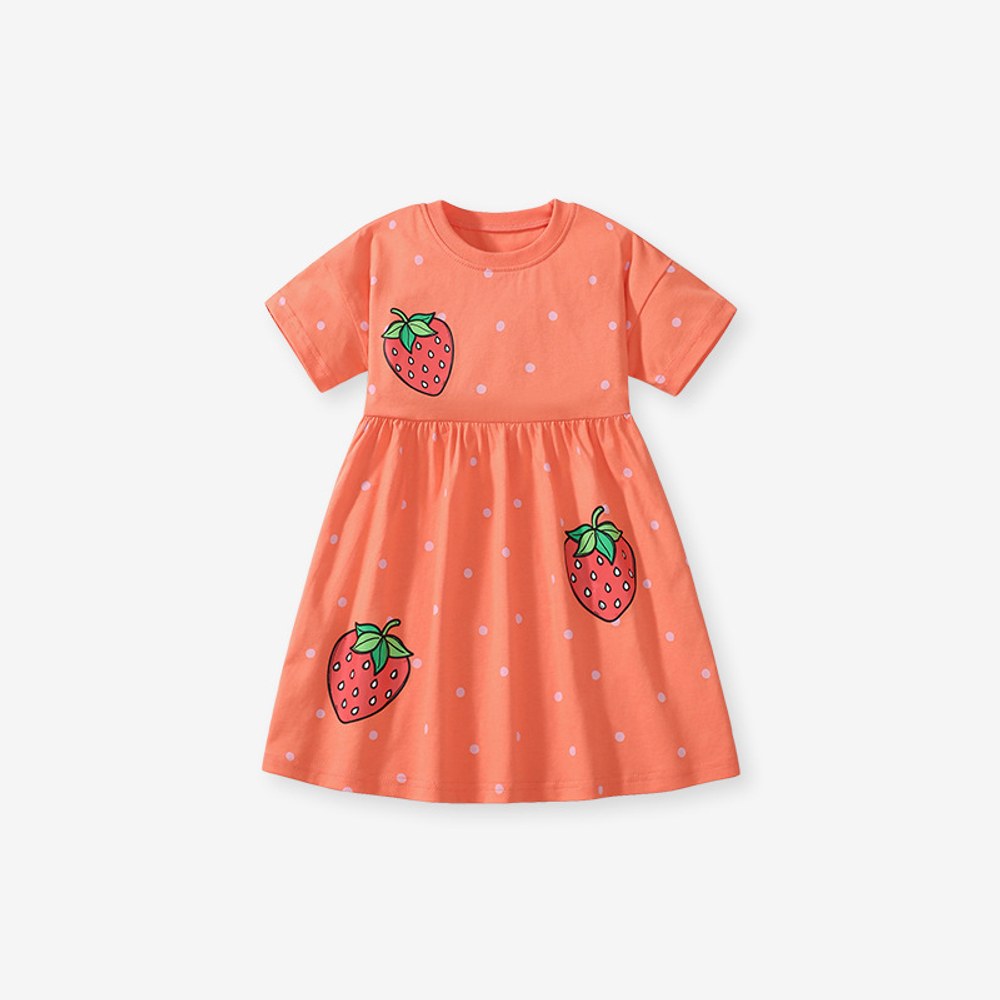 Pure Cotton Cartoon Strawberry Pattern Short Sleeves Dress for Stylish Girls