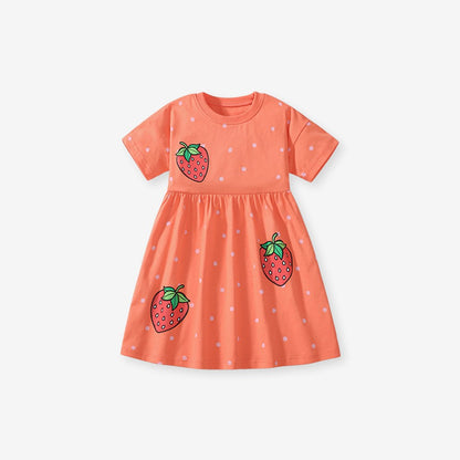 Pure Cotton Cartoon Strawberry Pattern Short Sleeves Dress for Stylish Girls
