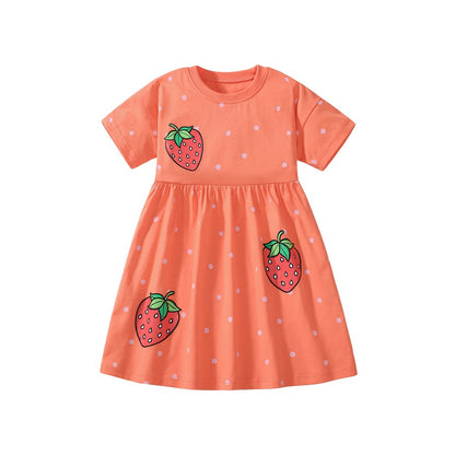 Pure Cotton Cartoon Strawberry Pattern Short Sleeves Dress for Stylish Girls