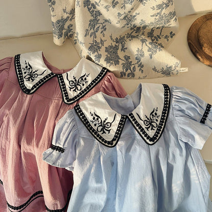 French Vintage Flowers Pattern Embroidered Dress for Stylish Girls