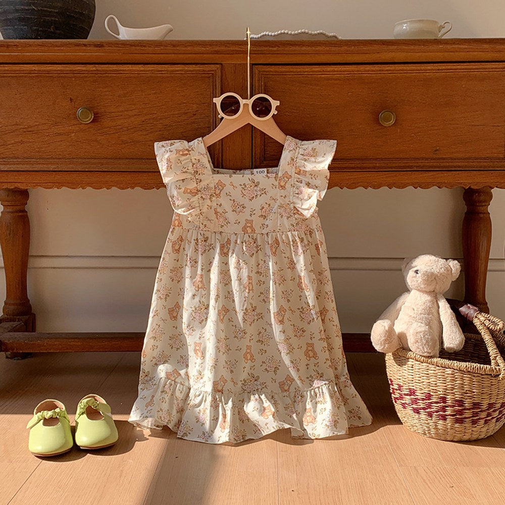 Flowers and Teddy Pattern Sleeveless Dress for Stylish Girls
