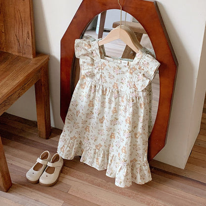 Flowers and Teddy Pattern Sleeveless Dress for Stylish Girls