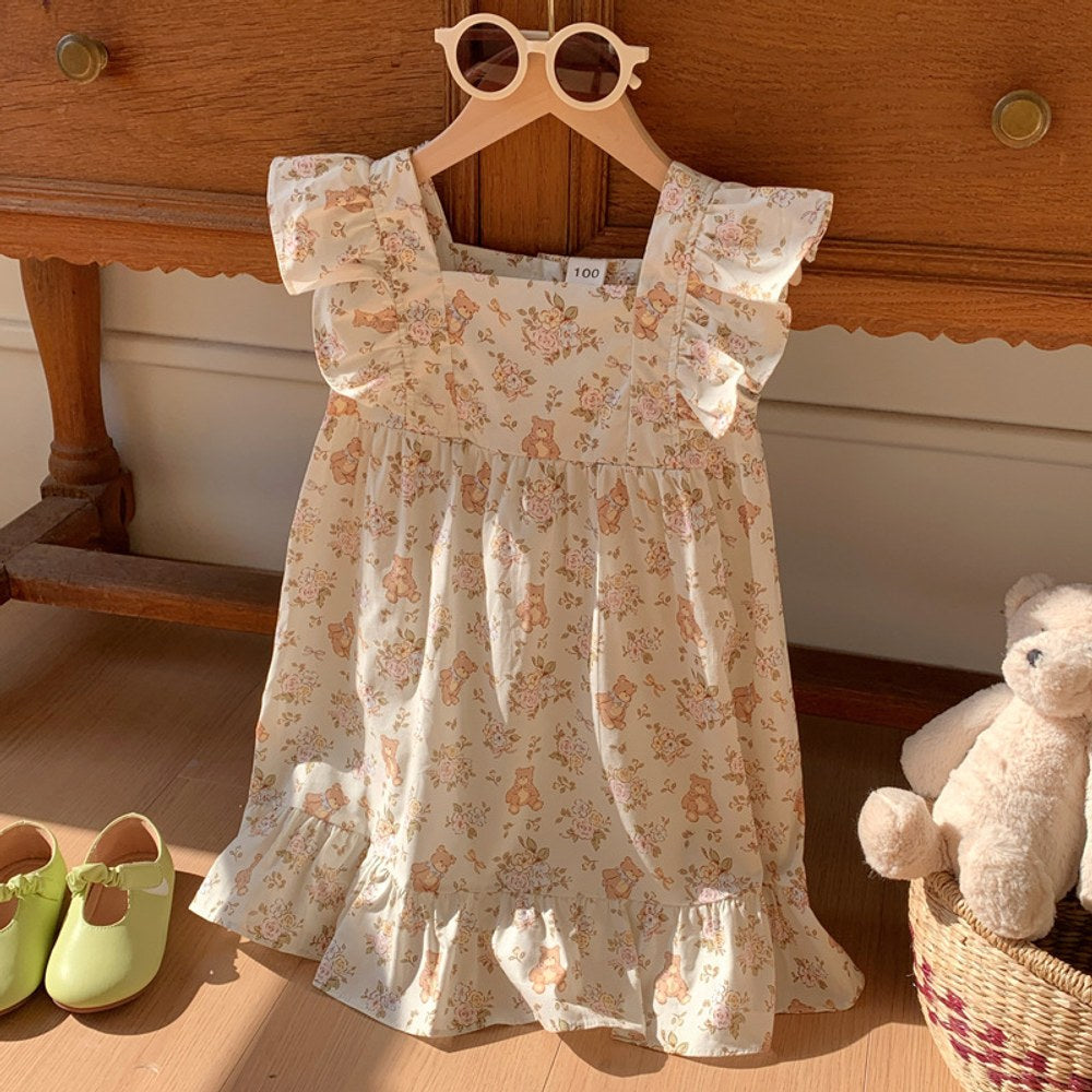 Flowers and Teddy Pattern Sleeveless Dress for Stylish Girls