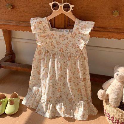 Flowers and Teddy Pattern Sleeveless Dress for Stylish Girls