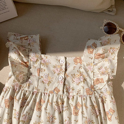 Flowers and Teddy Pattern Sleeveless Dress for Stylish Girls