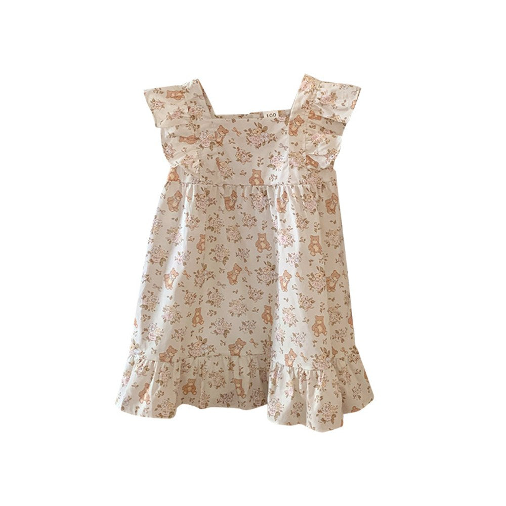 Flowers and Teddy Pattern Sleeveless Dress for Stylish Girls
