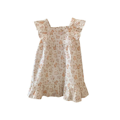 Flowers and Teddy Pattern Sleeveless Dress for Stylish Girls
