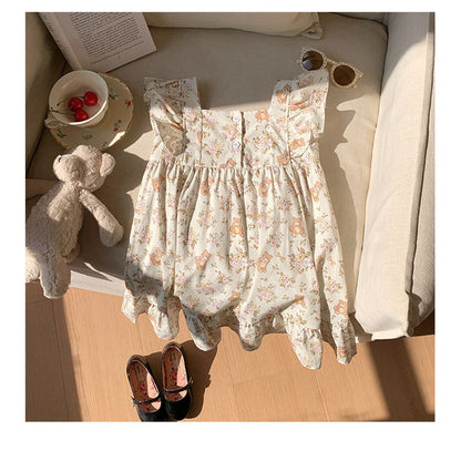 Flowers and Teddy Pattern Sleeveless Dress for Stylish Girls