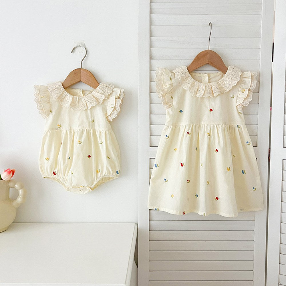 Fruits Pattern Fly Sleeves Lace Collar Dress/Bodysuit for Stylish Girls