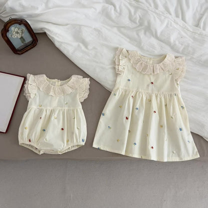 Fruits Pattern Fly Sleeves Lace Collar Dress/Bodysuit for Stylish Girls