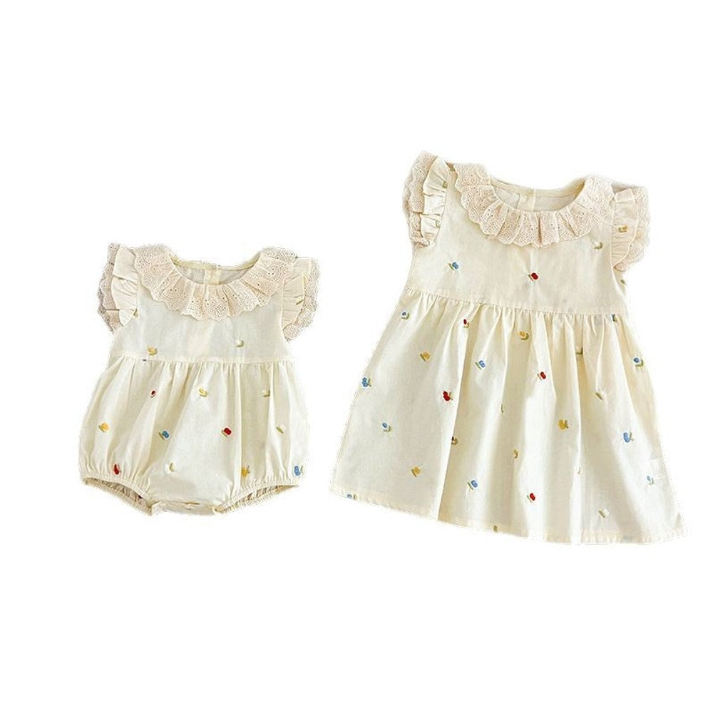 Fruits Pattern Fly Sleeves Lace Collar Dress/Bodysuit for Stylish Girls