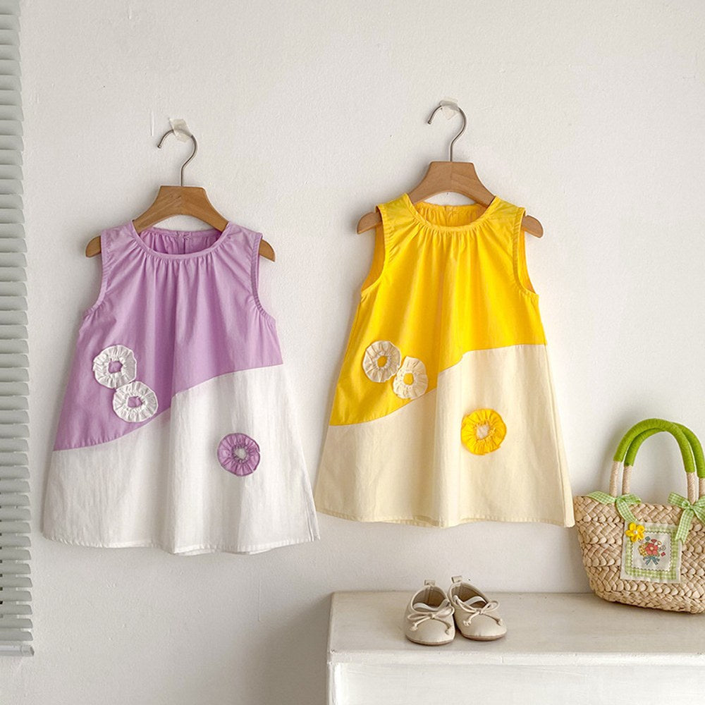 Color Patchwork Crew Neck Sleeveless Dress for Stylish Girls