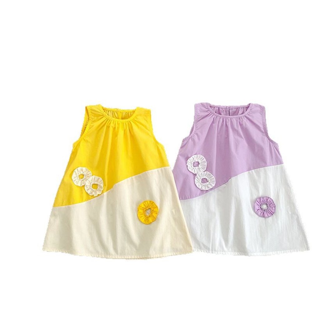 Color Patchwork Crew Neck Sleeveless Dress for Stylish Girls