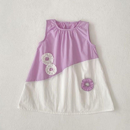 Color Patchwork Crew Neck Sleeveless Dress for Stylish Girls