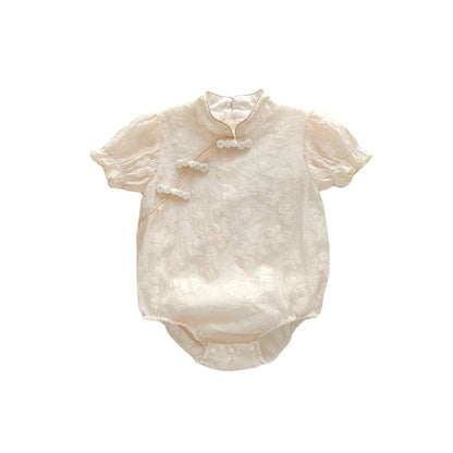 Baby Girl Sakura Pattern Solid Color Cheongsam Bodysuit