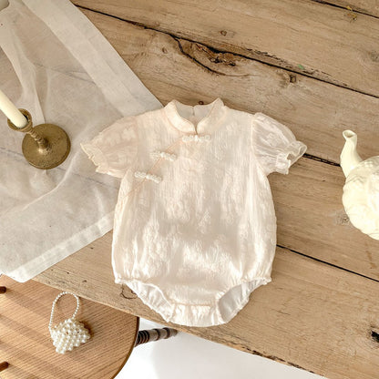 Baby Girl Sakura Pattern Solid Color Cheongsam Bodysuit