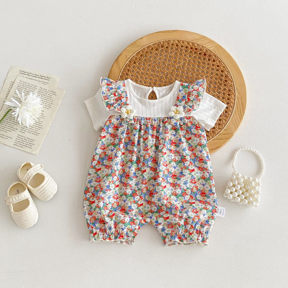 Baby Girls Short Sleeves Cute Floral Pattern Rompers