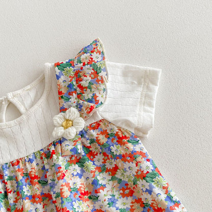 Baby Girls Short Sleeves Cute Floral Pattern Rompers