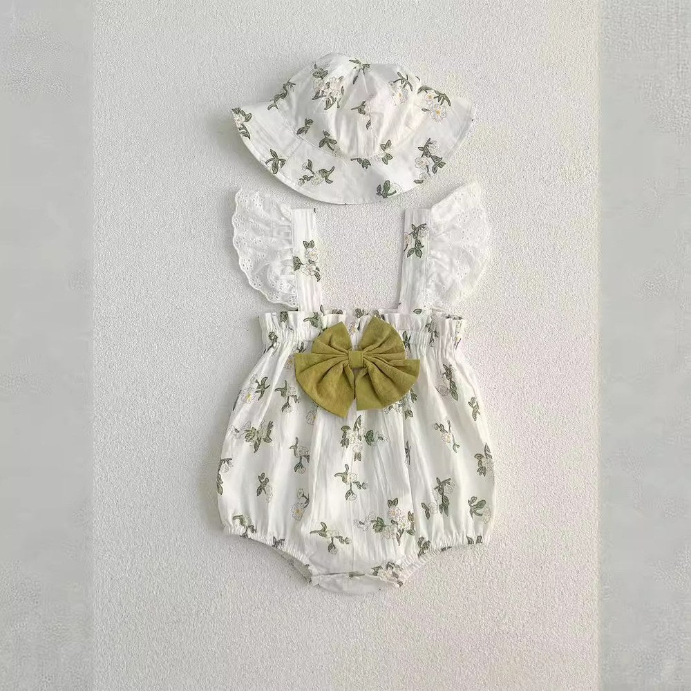Baby Girls Cute Thin Flowers Pattern Sleeveless Strap Bodysuit with Hat
