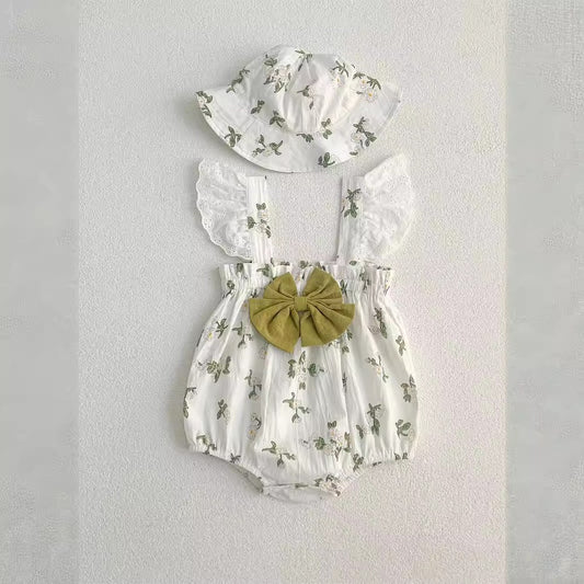 Baby Girls Cute Thin Flowers Pattern Sleeveless Strap Bodysuit with Hat