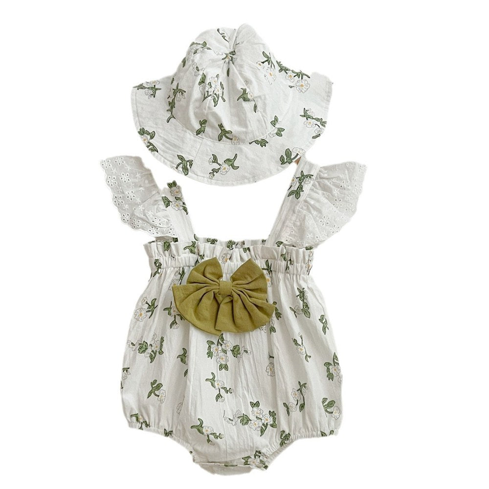 Baby Girls Cute Thin Flowers Pattern Sleeveless Strap Bodysuit with Hat