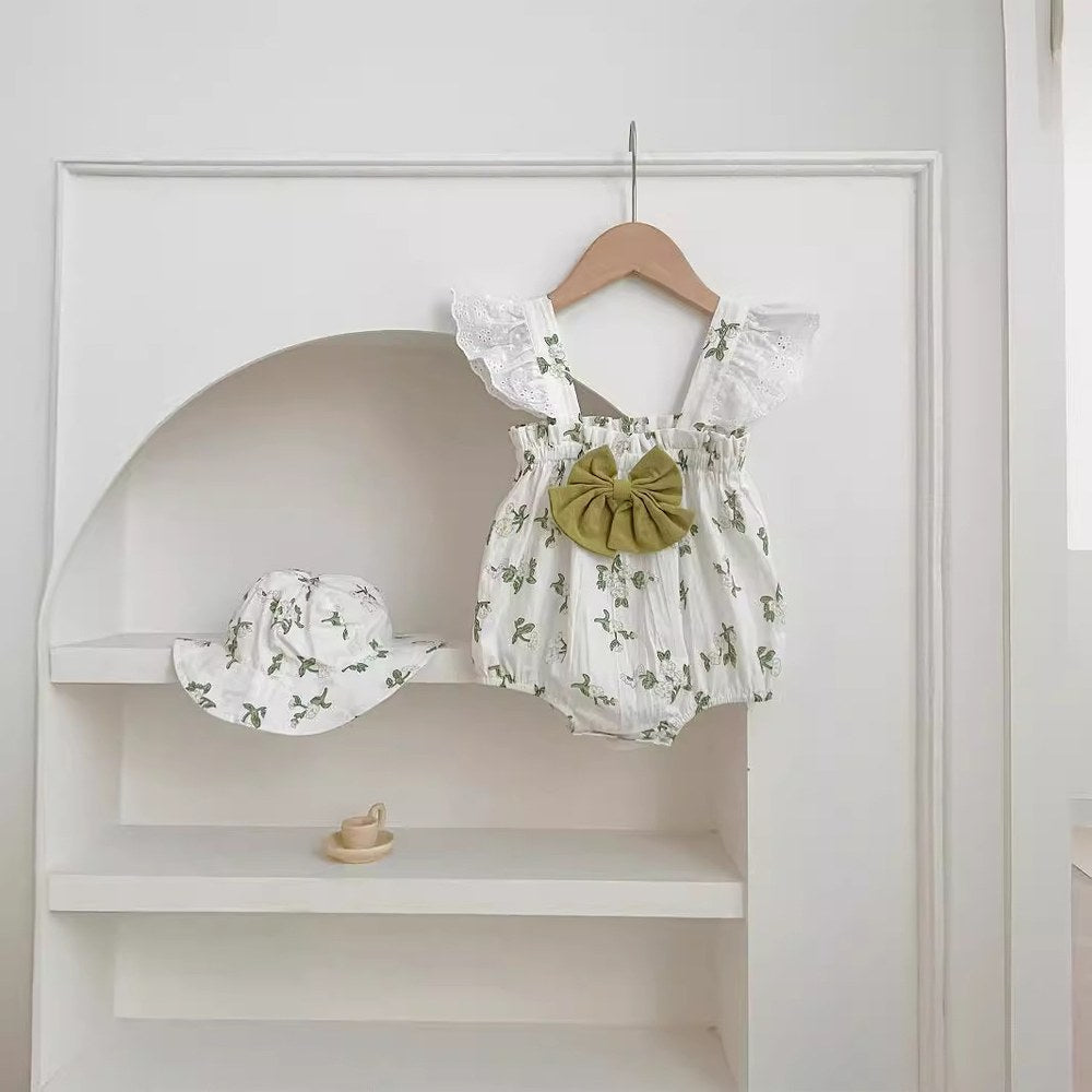 Baby Girls Cute Thin Flowers Pattern Sleeveless Strap Bodysuit with Hat