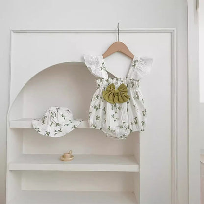 Baby Girls Cute Thin Flowers Pattern Sleeveless Strap Bodysuit with Hat