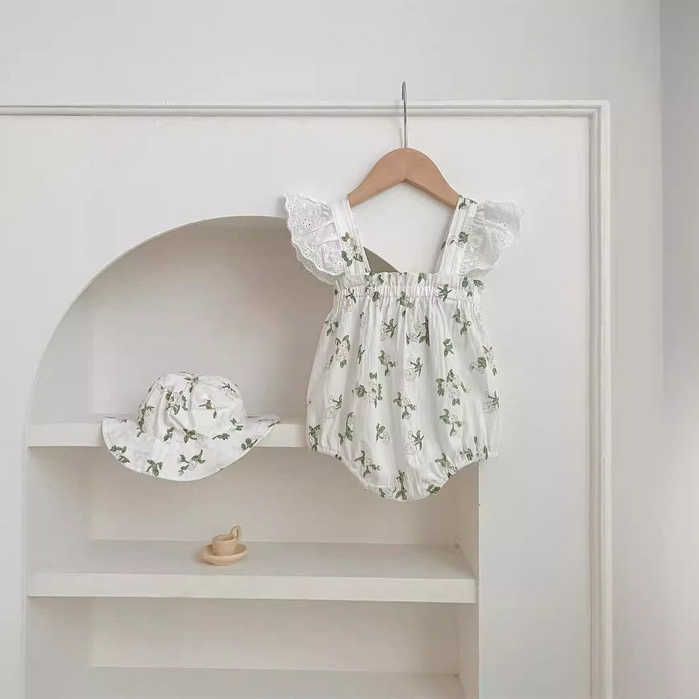 Baby Girls Cute Thin Flowers Pattern Sleeveless Strap Bodysuit with Hat