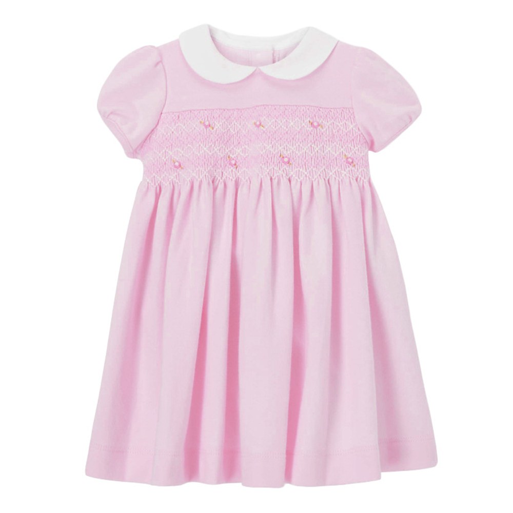 European and American Style Girls' Dress: Knitted Short Sleeve Dress with Turn-down Peter Pan Collar