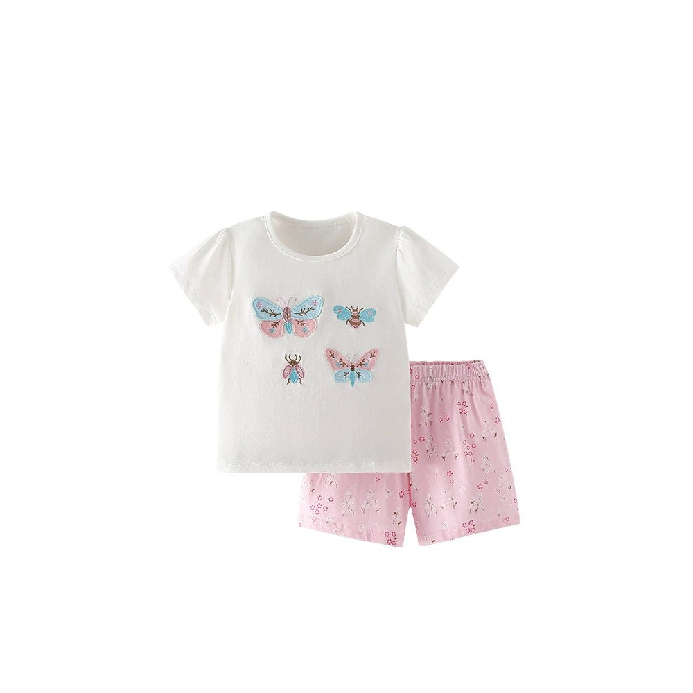 Baby Kids Insects Butterfly and Bee Pattern T-shirt and Pink Floral Shorts 2-Piece Clothing Set for Girls