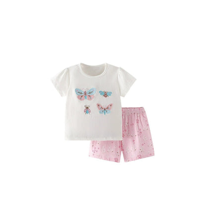 Baby Kids Insects Butterfly and Bee Pattern T-shirt and Pink Floral Shorts 2-Piece Clothing Set for Girls