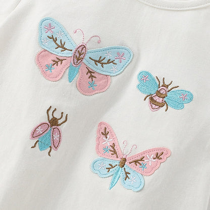 Baby Kids Insects Butterfly and Bee Pattern T-shirt and Pink Floral Shorts 2-Piece Clothing Set for Girls